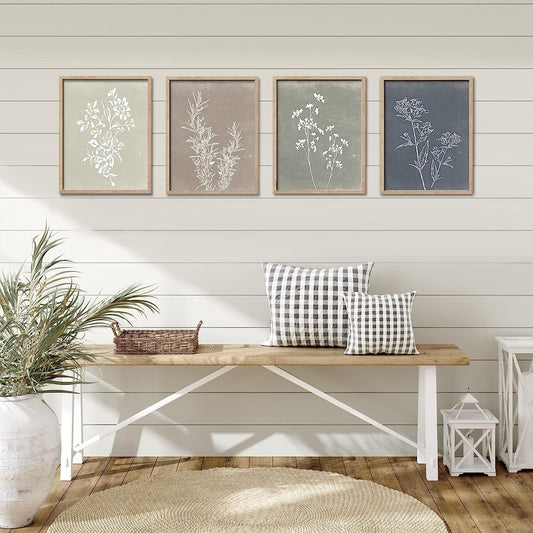 Framed Boho Wall Art Set of 4 for Wooded Minimalist Botanical Print