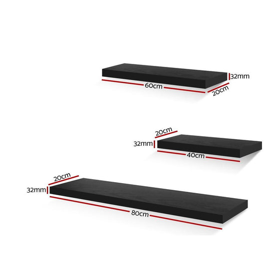 Artiss Floating Wall Shelf Set – Modern Black Wall-Mounted Storage (3 Pieces)